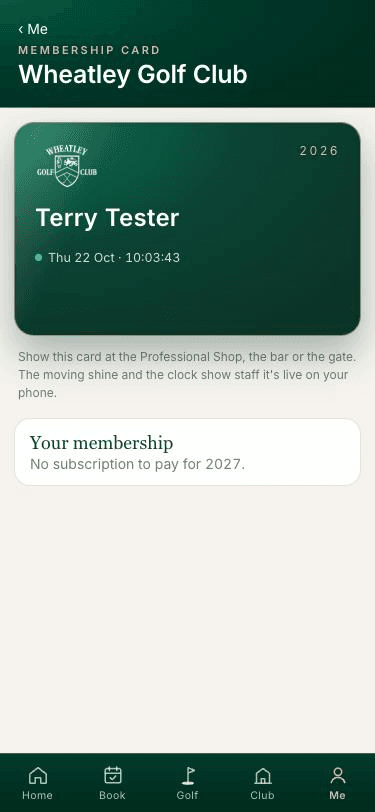 The Membership card screen